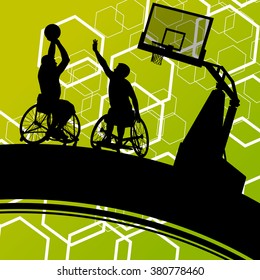 Active healthy disabled men basketball players in a wheelchair detailed sport concept silhouette illustration background vector