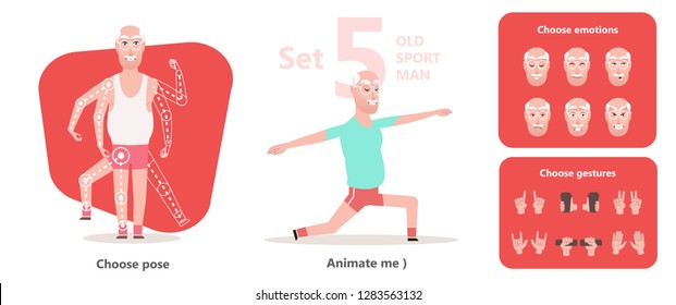 Active and healthy grandpa: cartoon man doing yoga and fitness. Set of isolated body parts for creating postures, emotions, gestures. . Cute and simple modern flat vector style. Vector