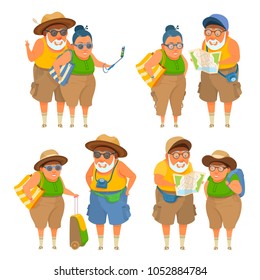 Active, healthy, happy, elderly couple with suitcase, map, camera, bag, glasses, baseball cap, straw hat, selfie stick. Flat funny illustration vector set isolated on white. Sea, Europe tour vacation.