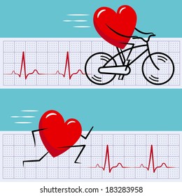 active healthy heart riding a bike and running jogging