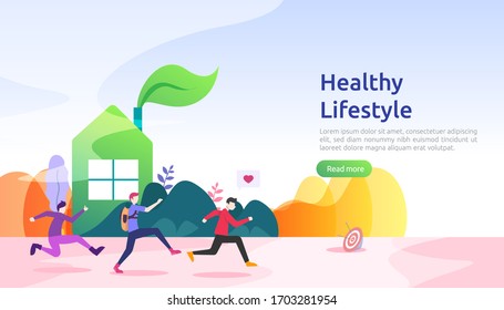 active healthy lifestyle habits concept. Dieting food nutrition illustration with character. sport exercising and training outdoor workout for web page, presentation, social promotion or print media