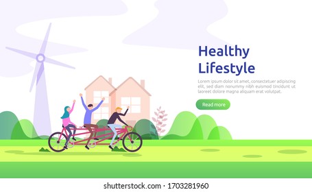 active healthy lifestyle habits concept. Dieting food nutrition illustration with character. sport exercising and training outdoor workout for web page, presentation, social promotion or print media