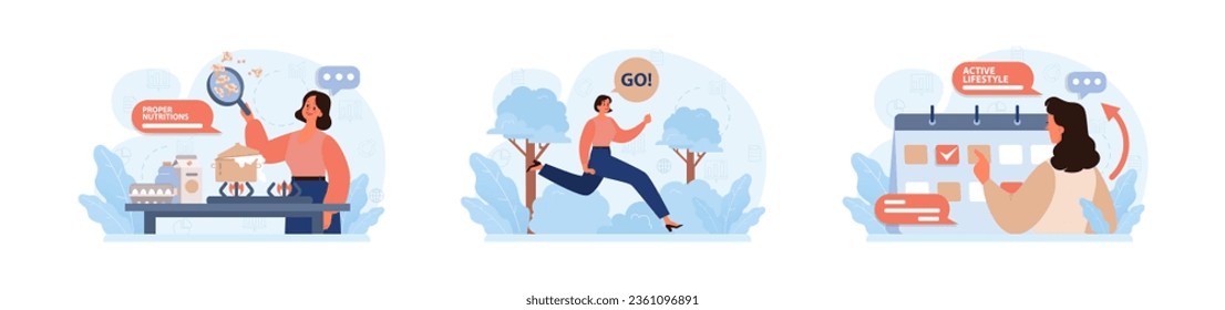 Active and healthy lifestyle set. Proper nutrition, water balance, physical activity, recreation. Modern lifestyle habits for longevity and physical wellbeing. Flat vector illustration