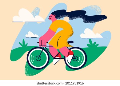 Active healthy lifestyle and sport concept. Young smiling positive woman cartoon character enjoying riding on bicycle outdoors on clear summer day vector illustration