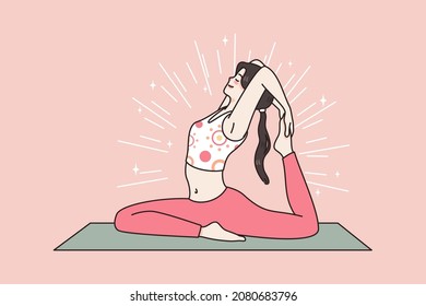 Active healthy lifestyle and sport concept. Young woman making stretching yoga or pilates workout on mat feeling harmony vector illustration 