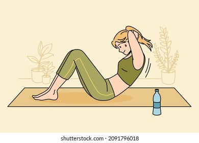 Active healthy lifestyle sport concept. Smiling sweating girl making sports exercise training at home on fitness mat for strong abs press vector illustration 