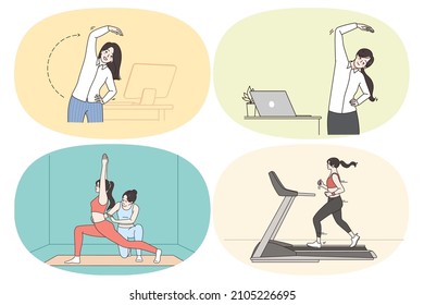 Active healthy lifestyle and sport concept. Set of young women making exercises stretching jogging and practicing yoga workouts in office at home and in gym vector illustration 