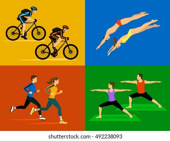 Active healthy lifestyle sport workout Set. Men, Women, Couples training exercising together. People doing yoga, cycling, swimming, running, jogging