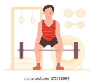 Ejercicio de hombre saludable activo al levantar una barra en el gimnasio para aumentar la fuerza muscular para la atención médica, entrenamiento con pesas, construcción de músculos e ilustración del concepto de fitness