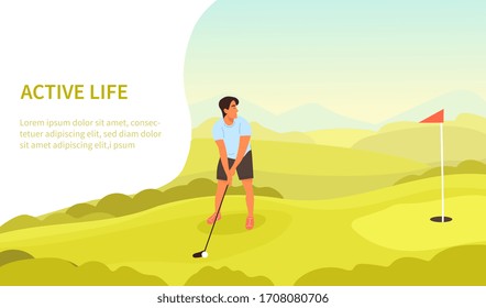 Active healthy outdoors lifestyle concept with golfer playing a putt near the flag and space for text, vector illustration