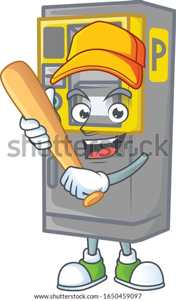 An active healthy parking ticket machine mascot\
design style playing\
baseball