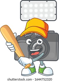 An Active Healthy Photo Camera With Lighting Mascot Design Style Playing Baseball