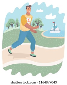 Active healthy runner or jogger is running outdoor on the nature. Guy practicing sport in the park. Vector cartoon illustration in modern concept