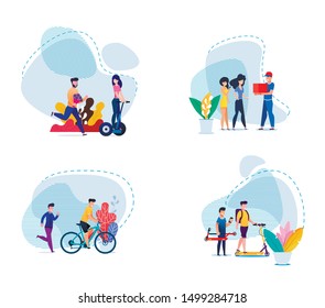 Active Healthy and Sport Time Recreation, Fall in Love from First Site, Fast Delivery Services Trendy Flat Set. Cartoon Vector People Walk and Ride Eco-Friendly Transport, Receive Parcels Illustration