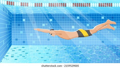 Active healthy strong young man, swimmer swimming pool, glasses, sport swim suit underwater, diving, finish, competition, training fitness club, gym, workout. Freestyle swimming. Vector illustration