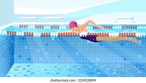 Active healthy strong young woman, girl swimmer swimming pool, glasses, sport swim suit water, finish, competition, training fitness club, gym, workout. Freestyle speed swimming. Vector illustration