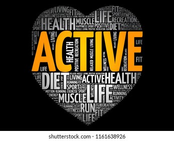 ACTIVE heart word cloud collage, fitness, sport, health concept
