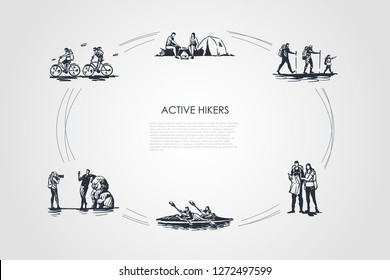 Active hikers - people riding bicycles, having rest with camping in forest, hiking with family, orienting with map, driving kanoe, taking photo vector concept set.