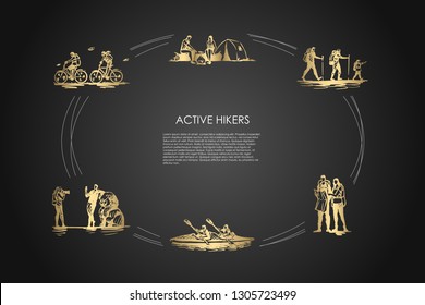 Active hikers - people riding bicycles, having rest with camping in forest, hiking with family, orienting with map, driving kanoe, taking photo vector concept set.