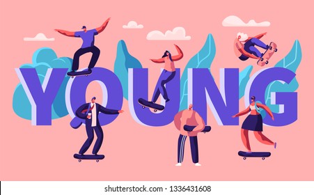 Active Hipster Characters Skateboarding Banner. Skateboarder Man on Longboard, Cool Freedom Lifestyle. Urban City Sport Advertising Poster. Flat Cartoon Vector Illustration