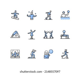 Active hobbies - modern line design style icons set with editable stroke. Snowboarding, juggling, water polo, roller skating, ballet, fencing, yoga, singing, stage acting, weight lifting, photographer