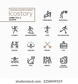 Active hobbies and sports - line design style icons set with editable stroke. Horseback riding, playing basketball, snowboarding, climbing, dancing, yoga, fencing, juggling, pool swimming, debating