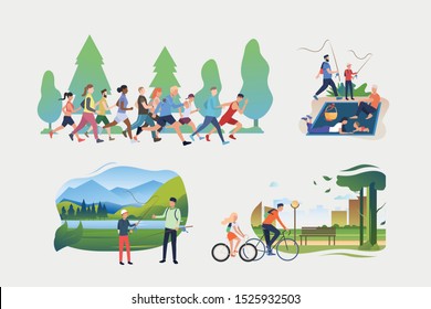 Active hobby illustration set. People running marathon, fishing, riding bikes. Activity concept. Vector illustration for posters, banners, flyers