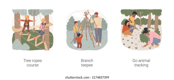 Active Holiday Isolated Cartoon Vector Illustration Set. Tree Ropes Course, Forest Adventure Park, Family Building Branch Teepee, Campsite Activity, Go Animal Tracking With Kids Vector Cartoon.