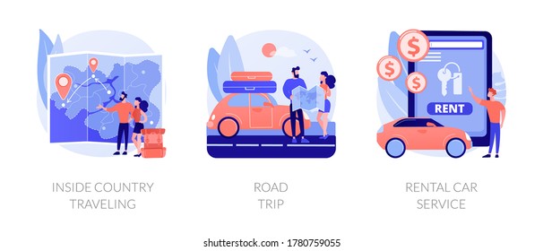 Active holiday metaphors. Inside country travel, road trip, rental car service. Low cost journey. Weekend adventure. Renting transport. Vector isolated concept metaphor illustrations.