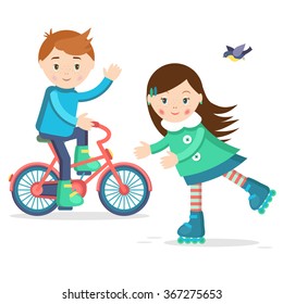 Active holidays for children in a flat style. A girl on roller skates and a boy on a bicycle 