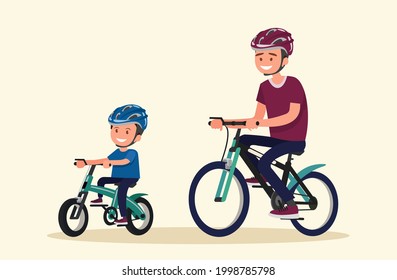 Active holidays. Father and son are riding bikes. Vector illustration of a flat design