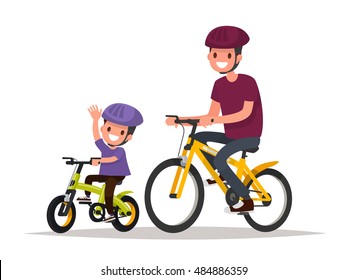 Active holidays. Father and son are riding bikes. Vector illustration of a flat design