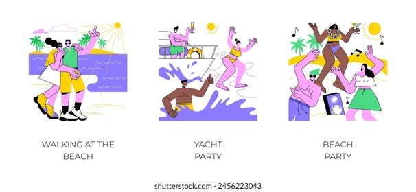 Active holidays isolated cartoon vector illustrations set. Diverse people walking along the coast, yacht party, jumping in the sea, friends in swimsuits dancing at beach together vector cartoon.