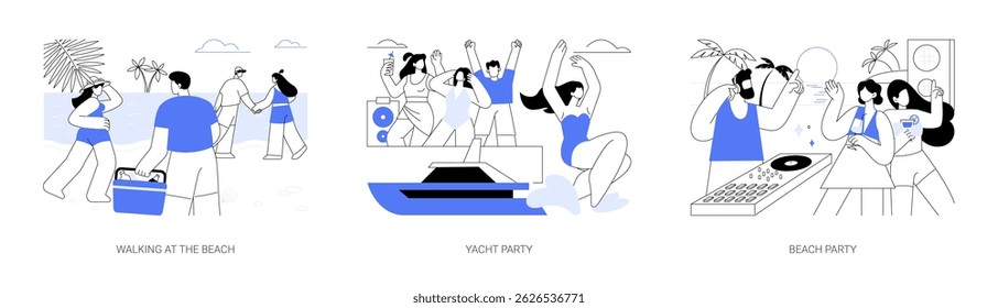 Active holidays isolated cartoon vector illustrations set. Diverse people walking along the coast, yacht party, jumping in the sea, friends in swimsuits dancing at beach together vector cartoon.