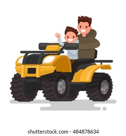 Active holidays. Quad biking. Man and boy are riding a quad bike. Vector illustration of a flat design