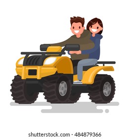 Aktive Feiertage. Quad Fahrrad. Mann und Frau fahren ein ATV. Vektorgrafik eines flachen Designs