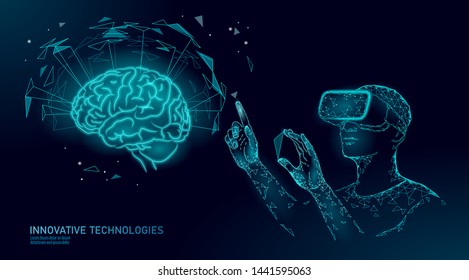 Active human brain VR headset next level menthal abilities. Man wearing glasses augmented reality geometric blue glowing. Neurocomputer vector illustration