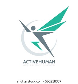 Active human character - vector business logo template concept illustration. Abstract man with wings. Creative sign. Design element. 