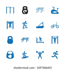 Active icon. collection of 16 active filled icons such as treadmill, bar   tightening, barbell, exercise bike, power lifter, bicycle. editable active icons for web and mobile.