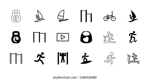Active icon. collection of 18 active filled and outline icons such as bar   tightening, treadmill, horizontal bar, running man, play. editable active icons for web and mobile.