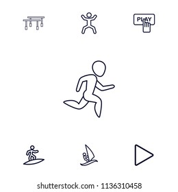 Active icon. collection of 7 active outline icons such as finger pressing play button, squat, play, surfing, horizontal bar. editable active icons for web and mobile.