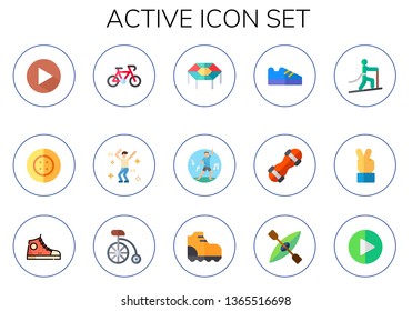 active icon set. 15 flat active icons.  Collection Of - play, button, bike, dancing, trampoline, shoes, snowboard, climbing, victory, sneakers, kayak
