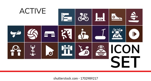 active icon set. 19 filled active icons. Included Trampoline, Canoe, Jumping rope, Stationary bike, Play, Barbell, Eruption, Volleyball, Fitness step, Climbing, Treadmill icons