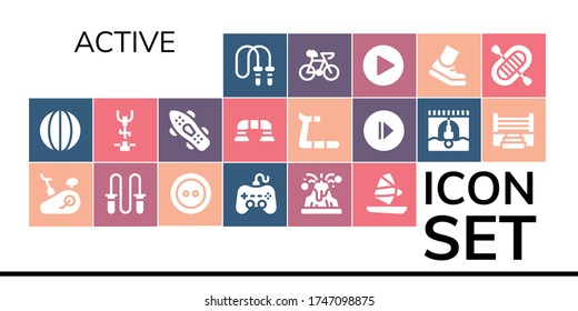 active icon set. 19 filled active icons.  Simple modern icons such as: Jumping rope, Volleyball, Stationary bike, Button, Play, Volcano, Windsurf, Skateboard, Push up, Treadmill