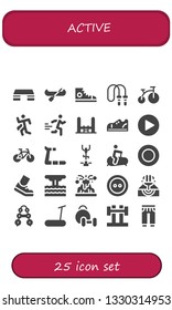 active icon set. 25 filled active icons.  Simple modern icons about  - Fitness step, Canoe, Sneakers, Jumping rope, Bike, Run, Runner, Trampoline, Play, Treadmill, Stationary bike