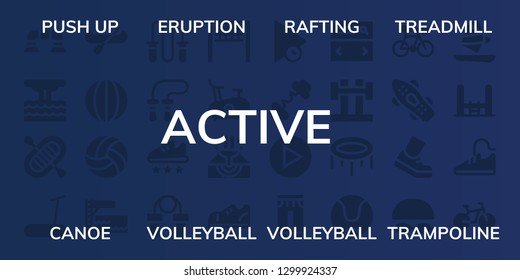  active icon set. 32 filled active icons. on blue background style Simple modern icons about  - Push up, Eruption, Rafting, Treadmill, Canoe, Volleyball, Trampoline, Jumping rope