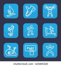 Active icon. set of 9 outline active icons such as treadmill, Finger pressing play button, squat, surfing, skateboard, volleyball player, exercise bike, power lifter