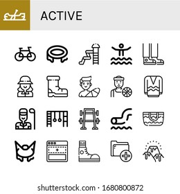 active icon set. Collection of Canoe, Bike, Trampoline, Waterpark, Sneaker, Golfer, Shoes, Surfer, Basketball player, Long sleeve, Monkey bars, Bench press, Beach bag, Bungee jumping icons