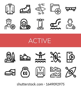 active icon set. Collection of Long sleeve, Basketball player, Shoe, Football player, Kayak, Abdominal bench, Add, Waterpark, Skate board, Remove friend, Surfer, Running shoes icons