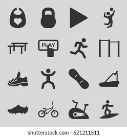 Active icons set. set of 16 active filled icons such as baby bid, Finger pressing play button, treadmill, squat, barbell, play, volleyball player, exercise bike, snow board